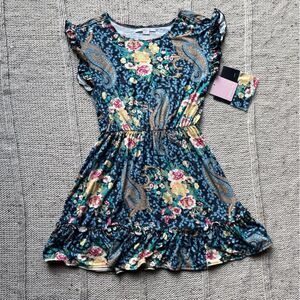 O’Neill girls amara knit floral and paisley, ruffle hem and sleeve dress.